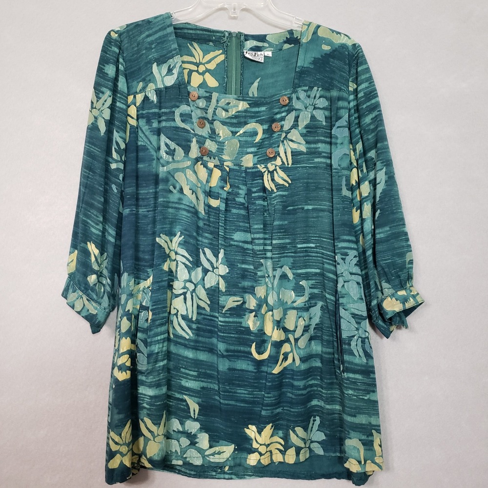 Go Fish Womens XL Tunic Top Teal Green Floral Batik Rayon Pockets 3/4 Sleeve